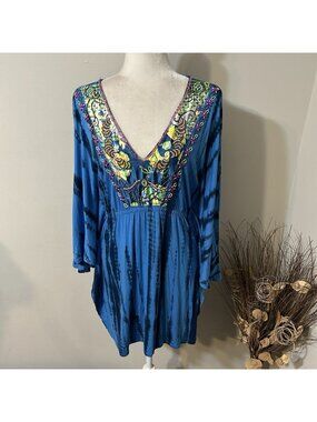 Faith Women Tie-Dye Beaded V-Neck Tunic Top Flutter 3/4 Sleeve Blue Sz S Flaw